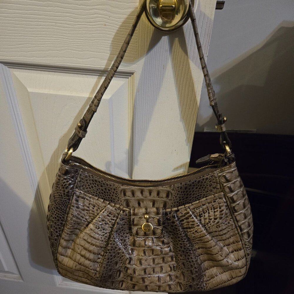 Brahmin Embossed Alligator Print Hobo Bag Brown Gray